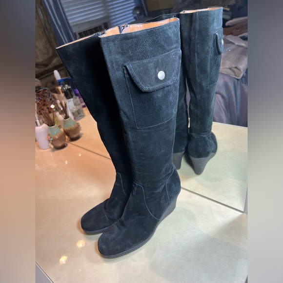 Michael Kors Wedge Tall Black Suede Zip Up Boots with pockets Size 6.5 - Picture 2 of 7